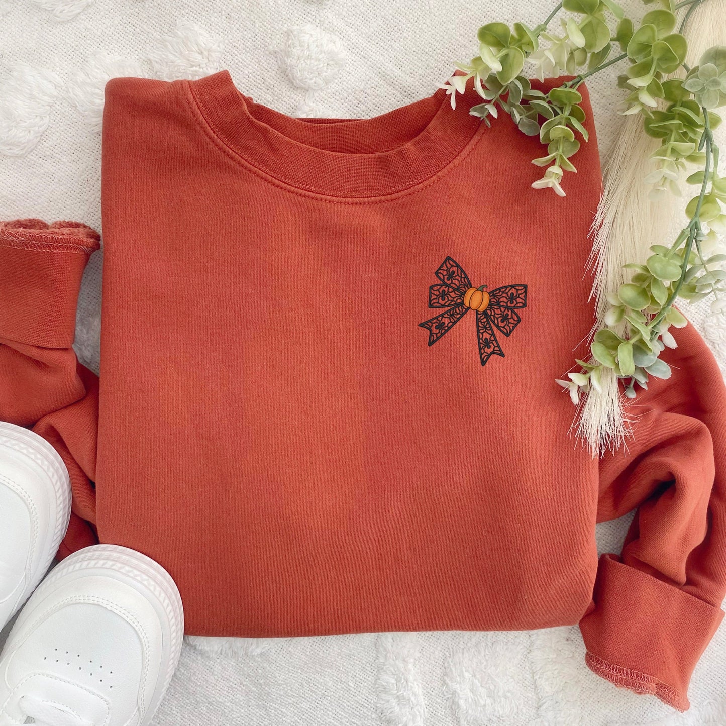 Halloween Coquette Sweatshirt: Embroidered Lacey Spider Bow & Pumpkin - Pigment Dyed