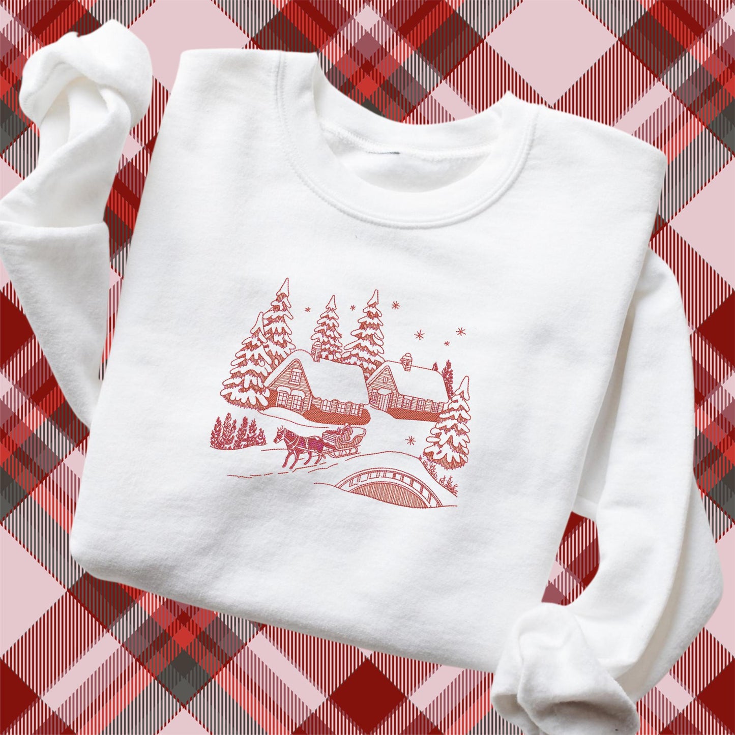 Embroidered Winter Scene Crewneck Sweatshirt: Stitched Christmas Village Pigment-Dyed Pullover