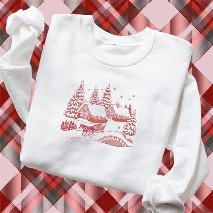 Embroidered Winter Scene Crewneck Sweatshirt: Stitched Christmas Village Pigment-Dyed Pullover