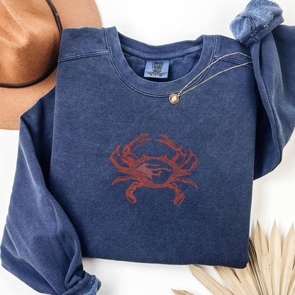 Embroidered Crab Sweatshirt: Pigment-Dyed Coastal Crewneck