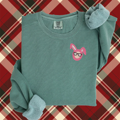 Embroidered Ralphie in Pink Bunny Costume: Holiday Classic Movie Sweater, A Christmas Story