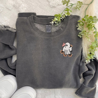 Embroidered Ghost Sweatshirt: Spooky Retro Butterfly Pullover