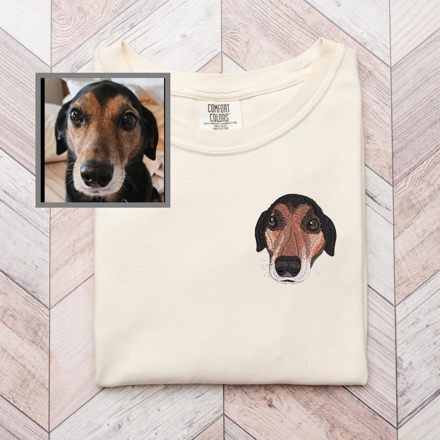 Custom Embroidered Pigment Dyed Pet T-Shirt: Your Pet Embroidered on a Tee