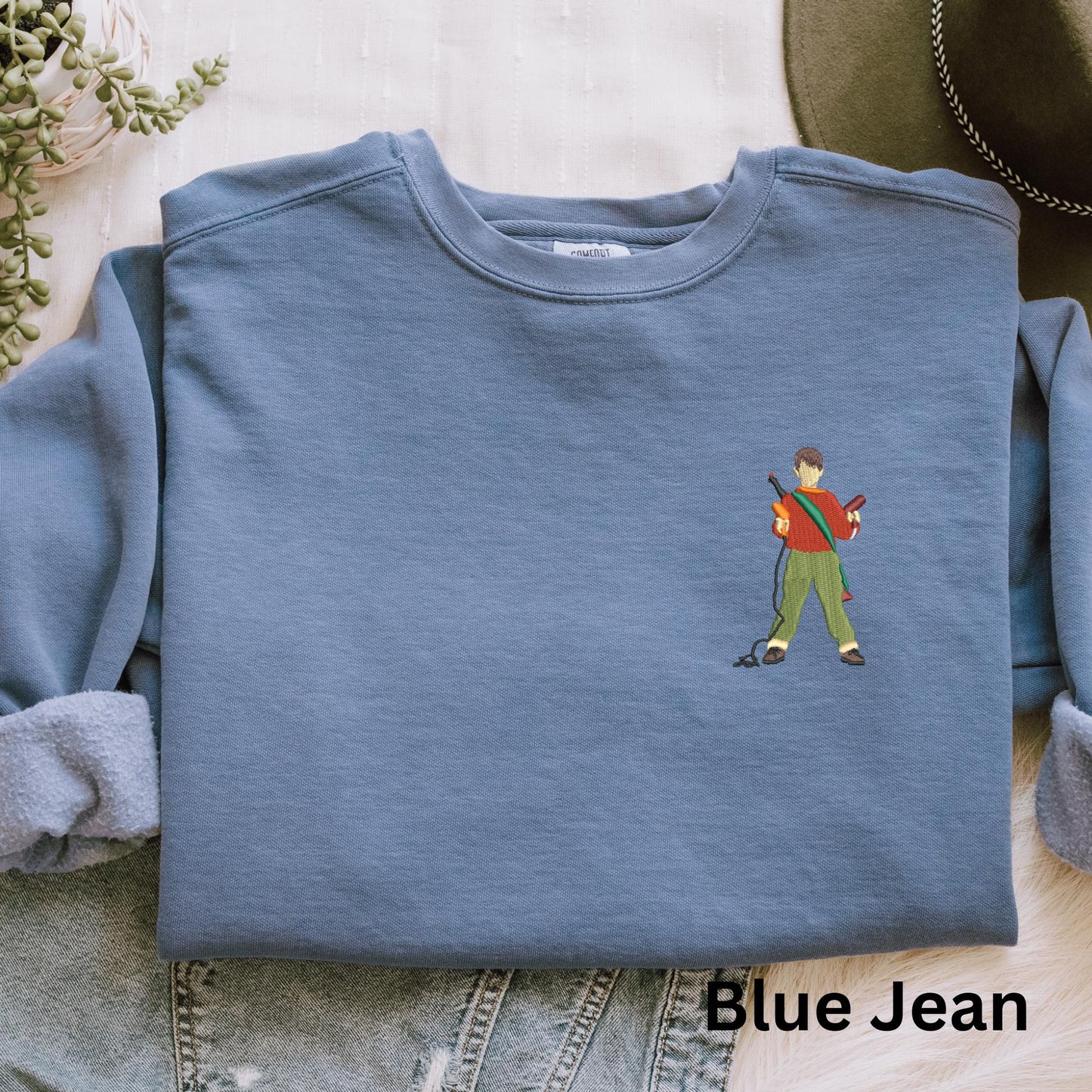 Embroidered Home Alone Movie Pigment Dyed Crewneck Sweatshirt: Minimalist Kevin Christmas Pullover