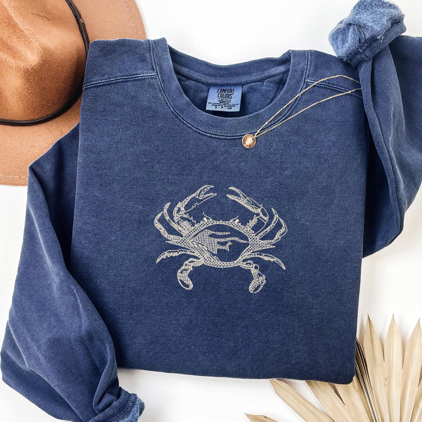 Embroidered Crab Sweatshirt: Pigment-Dyed Coastal Crewneck