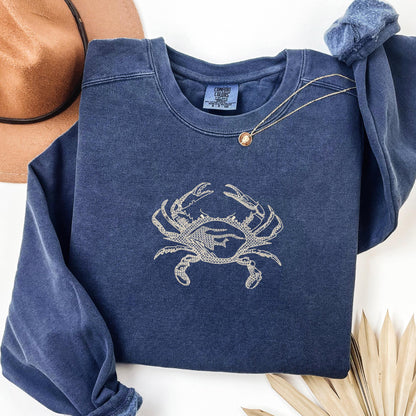 Embroidered Crab Sweatshirt: Pigment-Dyed Coastal Crewneck