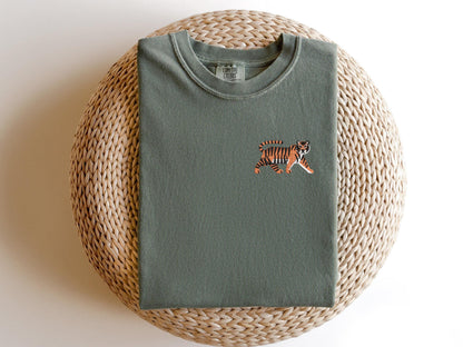 Embroidered Tiger T-Shirt: Pigment-Dyed Jungle Cat Tee