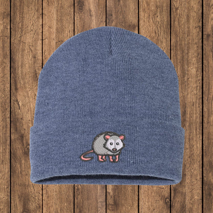 Embroidered Opossum Beanie: Woodland Animal Knit Hat
