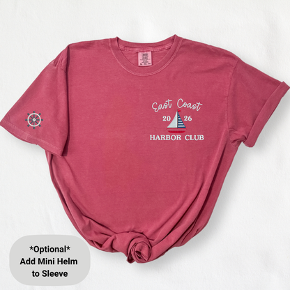 Embroidered East Coast Harbor Club Pigment Dyed T-Shirt: Coastal Preppy Summer Tee