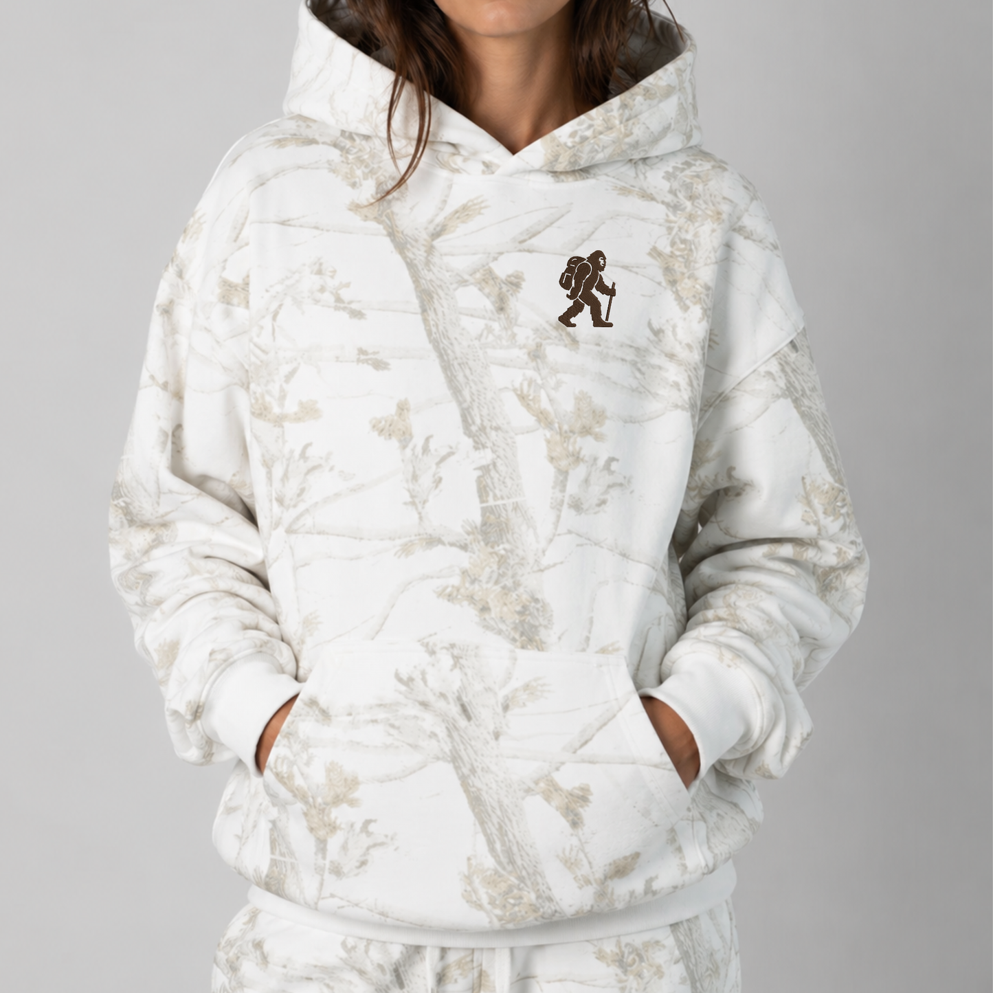 Unisex Bigfoot Embroidered Hoodie, White Oak Camo Pullover, Sasquatch Hiking Apparel