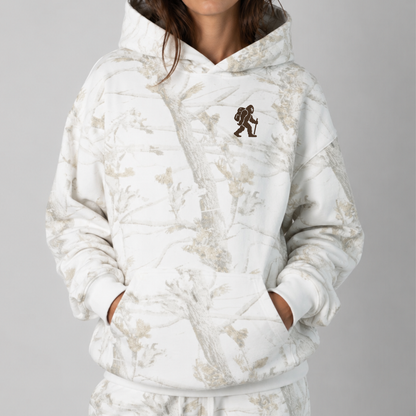 Unisex Bigfoot Embroidered Hoodie, White Oak Camo Pullover, Sasquatch Hiking Apparel