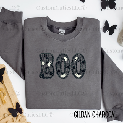Embroidered Lacey Boo Crewneck Sweatshirt: Pigment Dyed Halloween Coquette Sweater