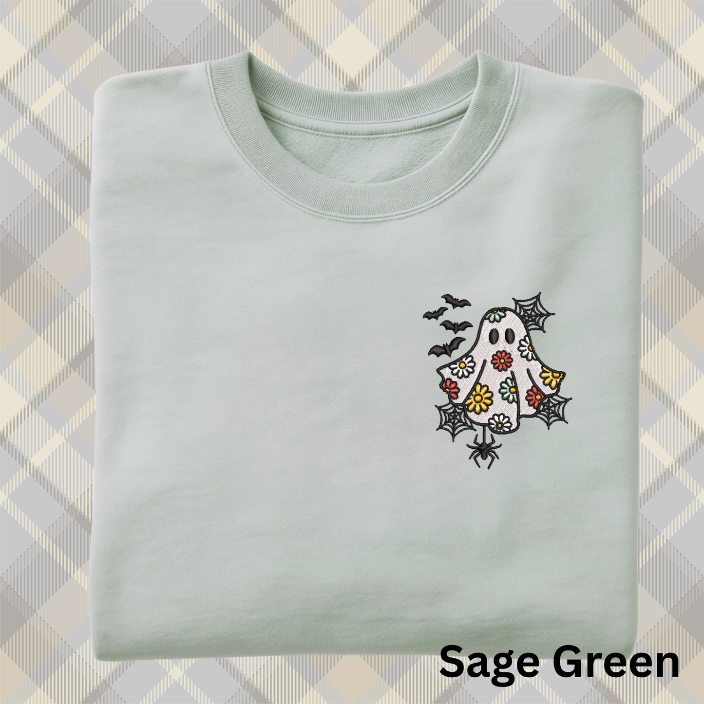 Embroidered Daisy Ghost Sweatshirt: Spooky Season Pullover