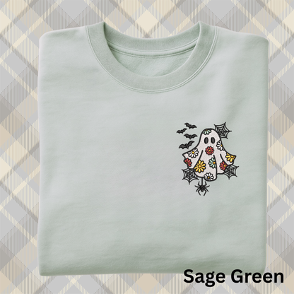 Embroidered Daisy Ghost Sweatshirt: Spooky Season Pullover