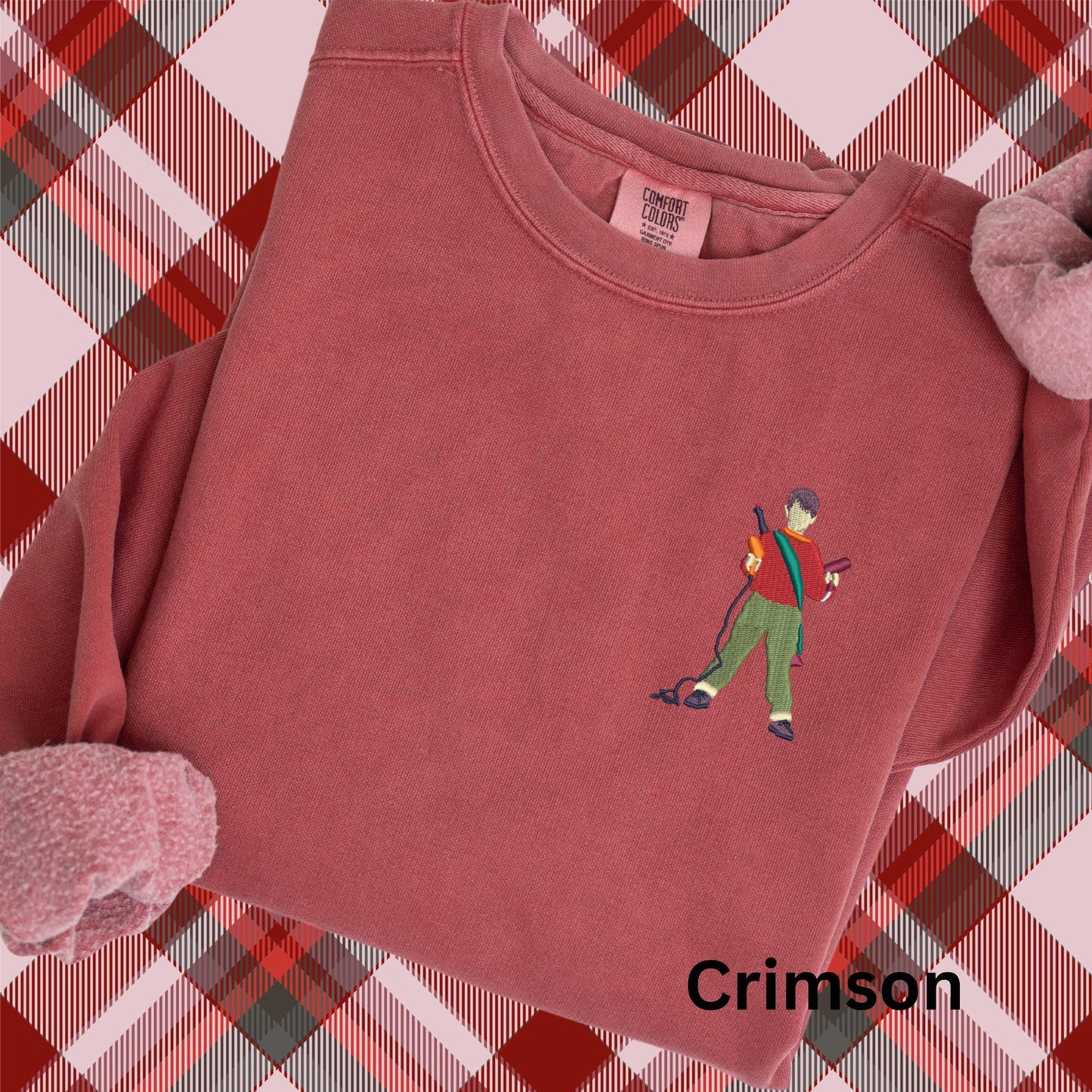 Embroidered Home Alone Movie Pigment Dyed Crewneck Sweatshirt: Minimalist Kevin Christmas Pullover