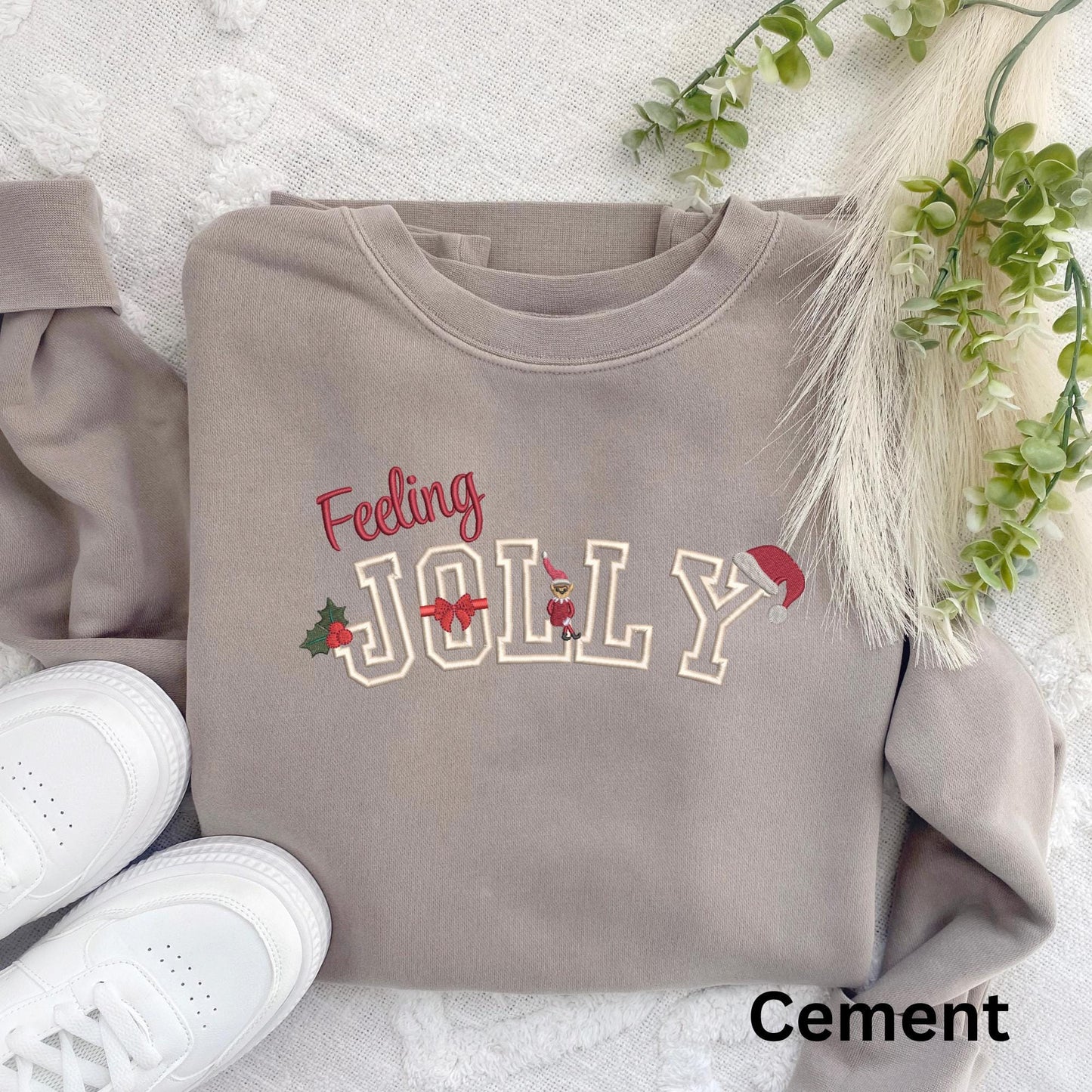 Embroidered Feeling Jolly Pigment Dyed Crewneck Sweatshirt: Trendy Festive Christmas Pullover