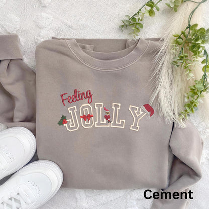 Embroidered Feeling Jolly Pigment Dyed Crewneck Sweatshirt: Trendy Festive Christmas Pullover