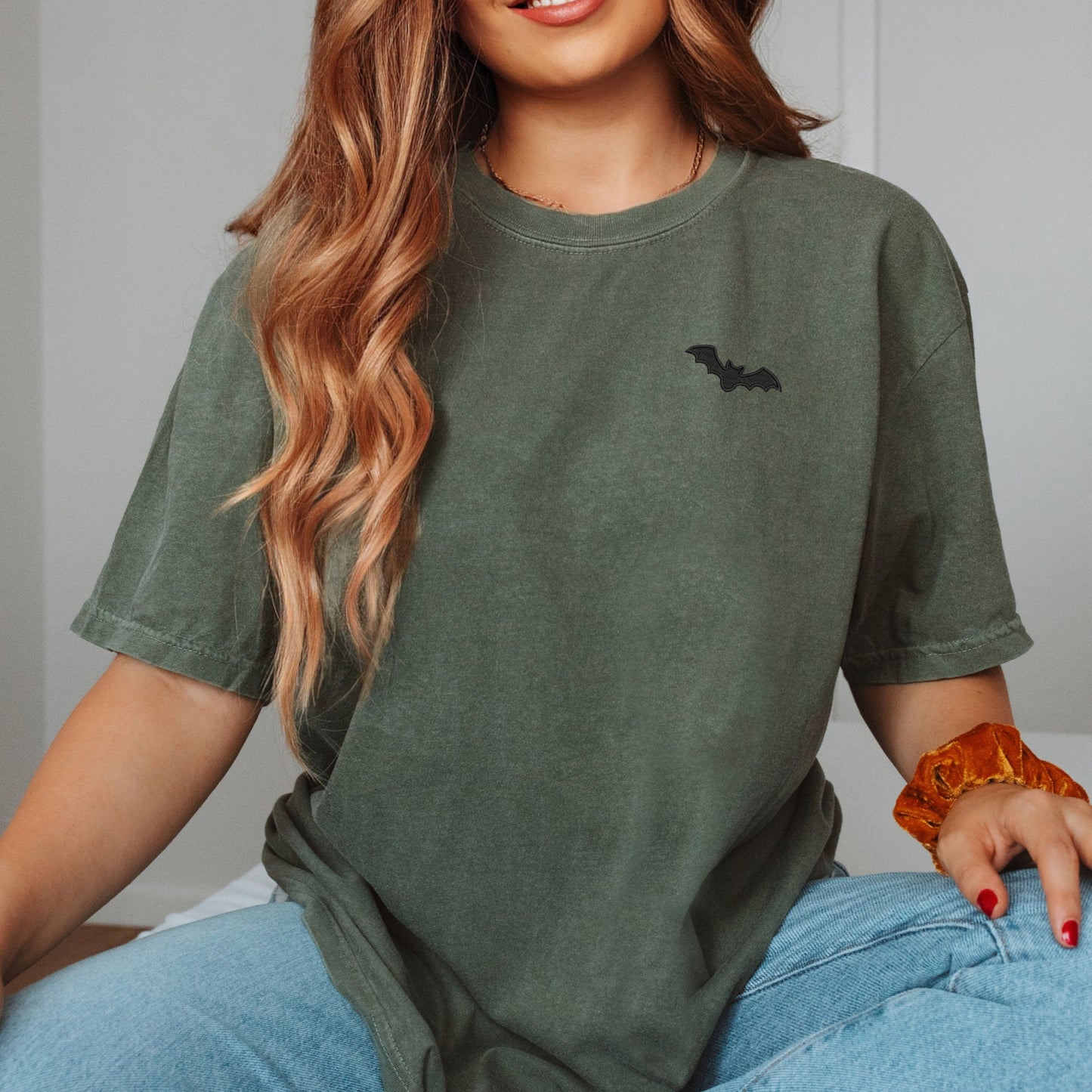Embroidered Bat T-Shirt: Minimalist Halloween Spooky Season Tee