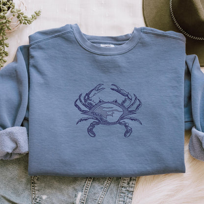Embroidered Crab Sweatshirt: Pigment-Dyed Coastal Crewneck
