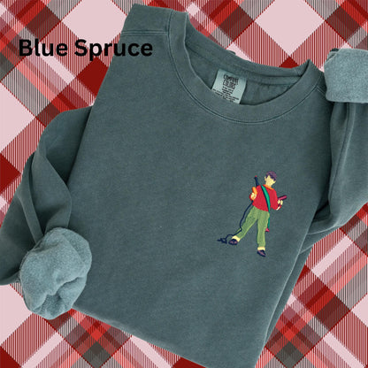 Embroidered Home Alone Movie Pigment Dyed Crewneck Sweatshirt: Minimalist Kevin Christmas Pullover
