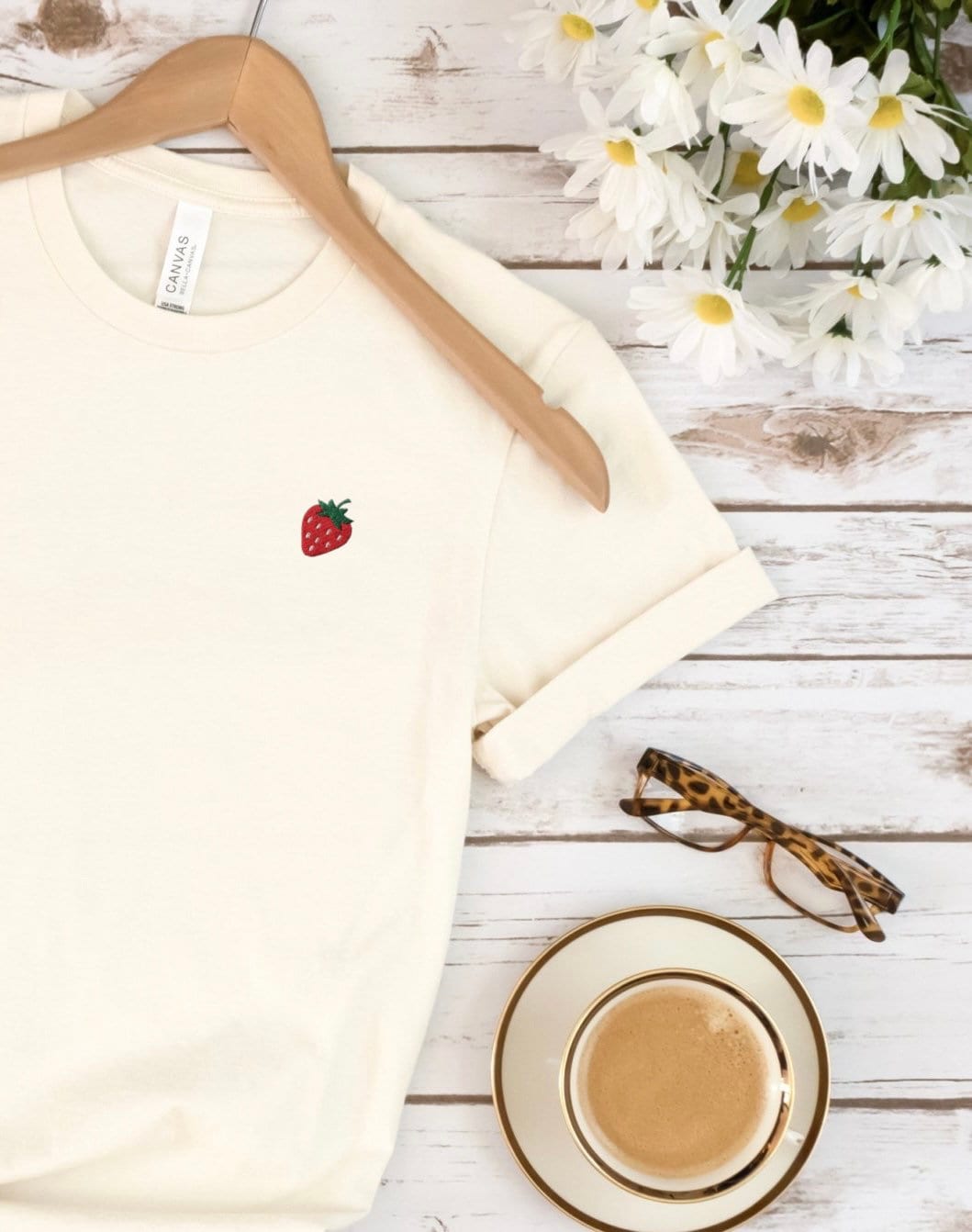 Embroidered strawberry tee, women’s mini strawberry tshirt, stitched fruit top