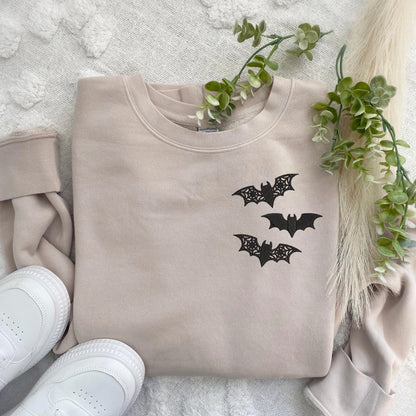 Embroidered Bat Sweatshirt: Lacey Goth Crewneck, Pigment-Dyed Cotton Blend