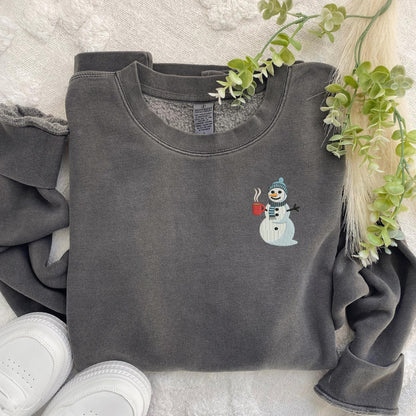 Embroidered Coffee Drinking Snowman Crewneck Sweatshirt: Trendy High Quality Pigment Dyed Pullover