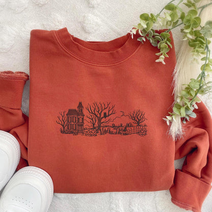 Embroidered Haunted House Crewneck Sweatshirt: Pigment-Dyed Spooky Mansion Pullover
