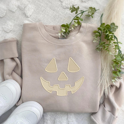 Embroidered Halloween Extra Large Pumpkin Face Sweatshirt: Tonal Jackolantern Pullover