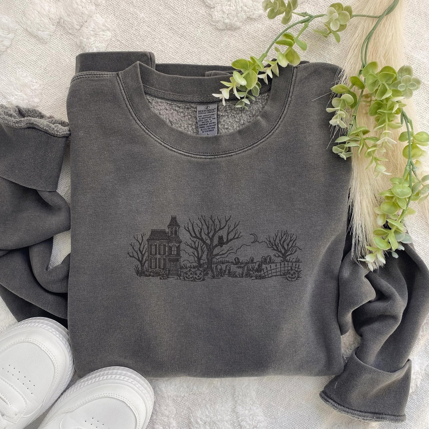 Embroidered Haunted House Crewneck Sweatshirt: Pigment-Dyed Spooky Mansion Pullover