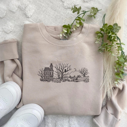 Embroidered Haunted House Crewneck Sweatshirt: Pigment-Dyed Spooky Mansion Pullover