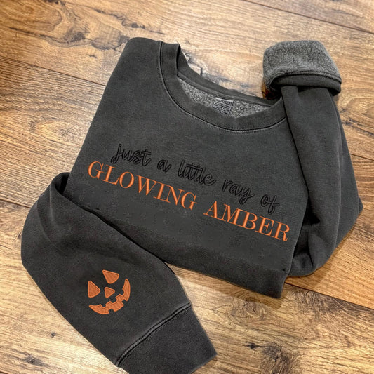 Embroidered Little Ray of Glowing Amber Pumpkin Hoodie or Crewneck Sweatshirt: Spooky Season Pigment-Dyed Pullover