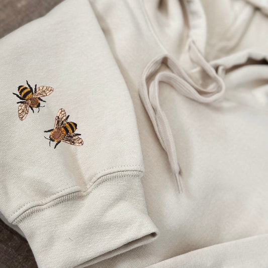Embroidered Minimalist Honey Bee Sleeve Hoodie: Cozy Nature Inspired Pullover