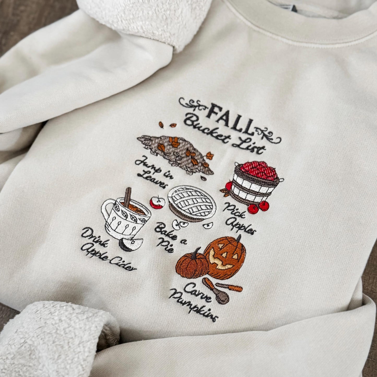 Embroidered Fall Bucket List Pigment Dyed Crewneck Sweatshirt: Trendy Cozy Season Sweater