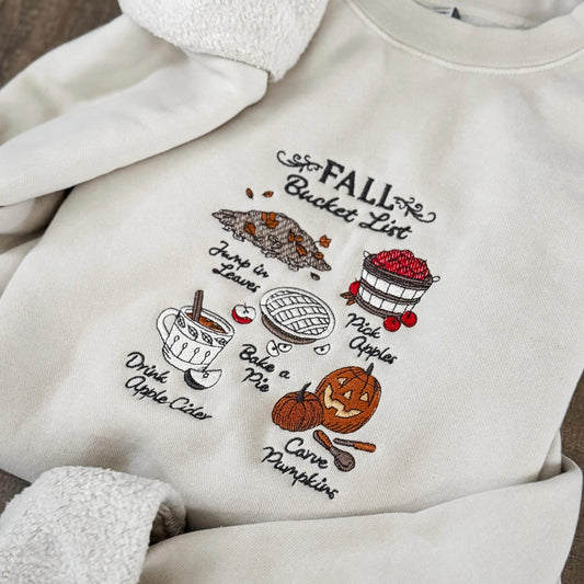 Embroidered Fall Bucket List Pigment Dyed Crewneck Sweatshirt: Trendy Cozy Season Sweater