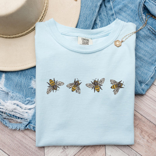 Embroidered Honeybee T-Shirt: Pigment-Dyed Cotton Cottagecore Tee