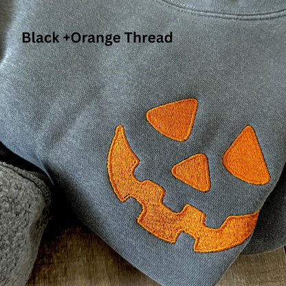Youth Unisex Embroidered Jack O' Lantern Face Hoodie: Pigment Dyed Halloween Pullover