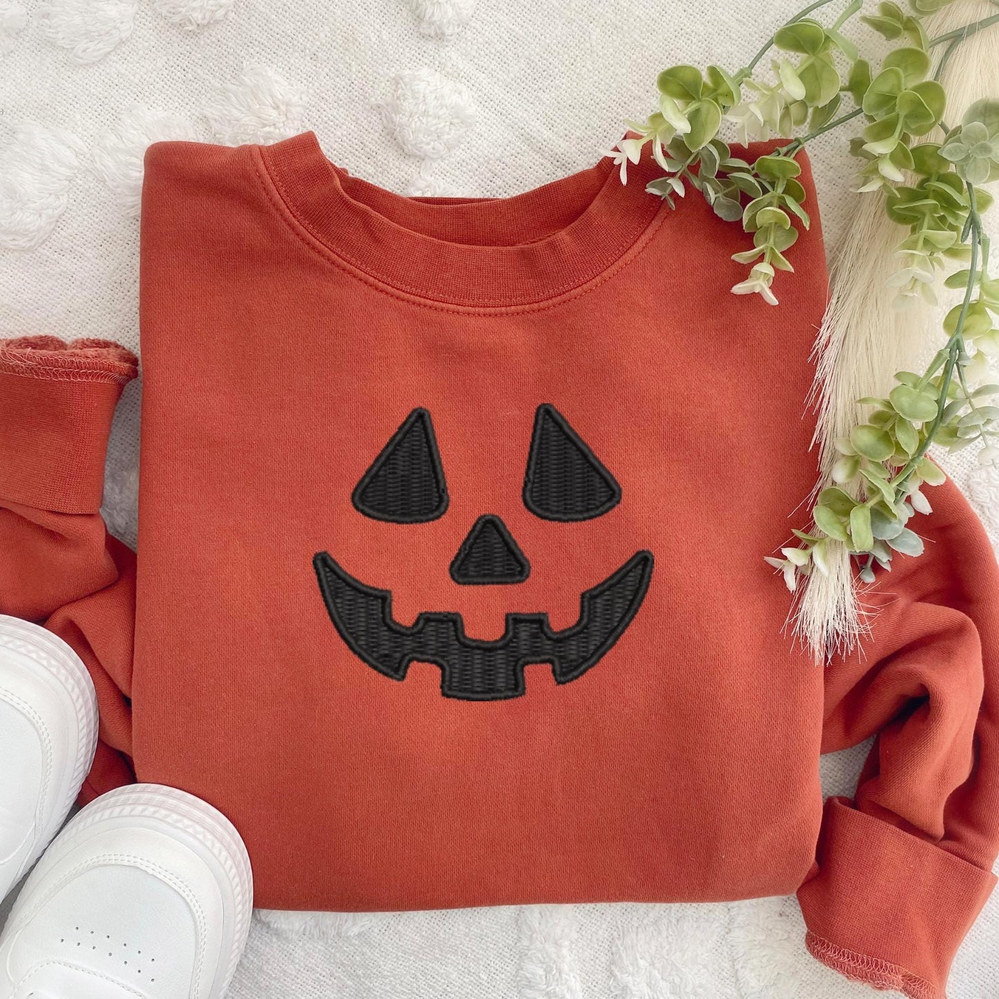 Embroidered Halloween Extra Large Pumpkin Face Sweatshirt: Tonal Jackolantern Pullover