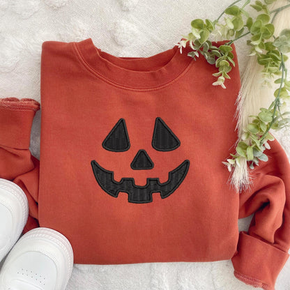 Embroidered Halloween Extra Large Pumpkin Face Sweatshirt: Tonal Jackolantern Pullover