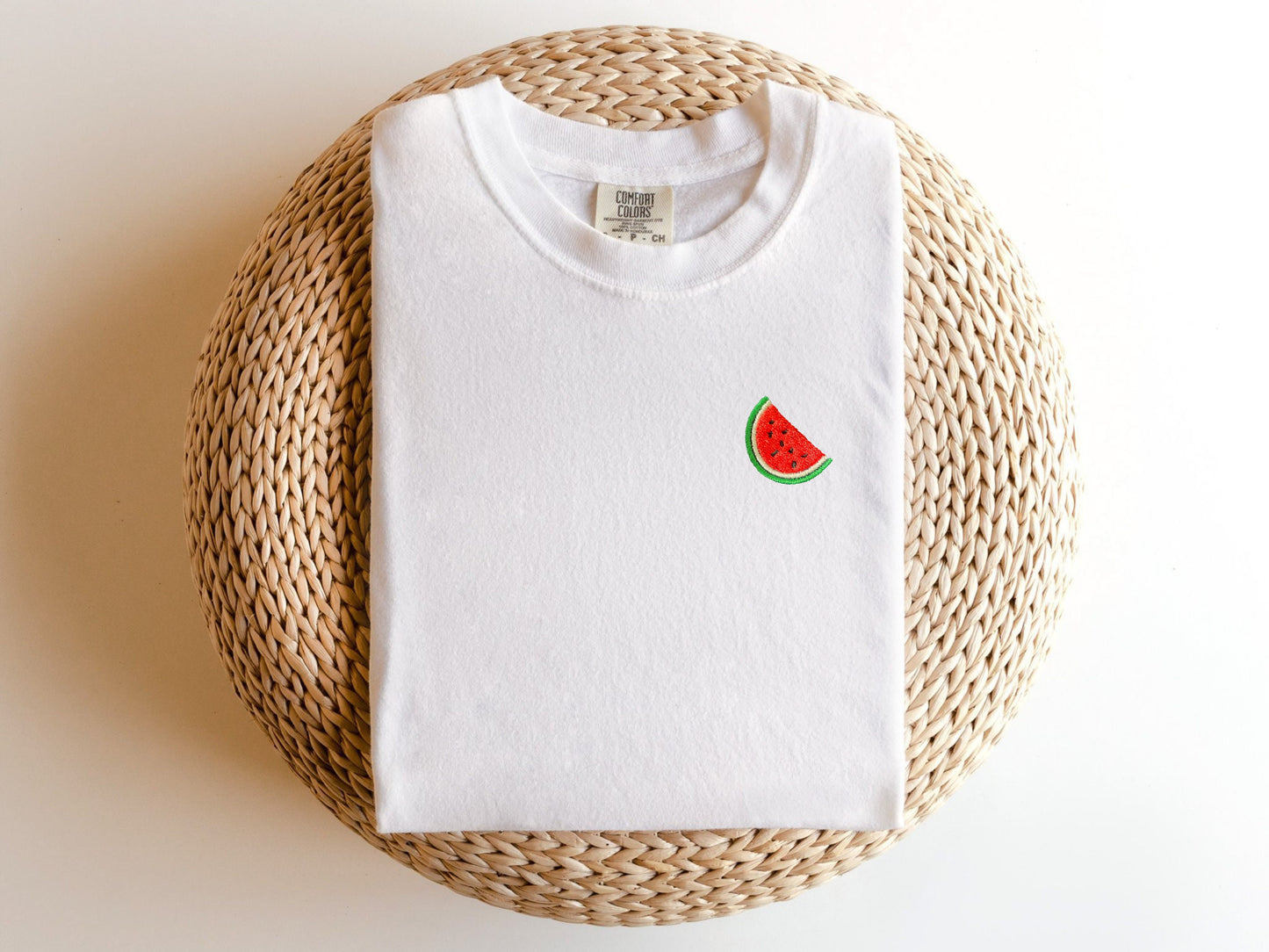 Embroidered Minimalist Watermelon T-shirt: Garment Dyed Fruit Tee
