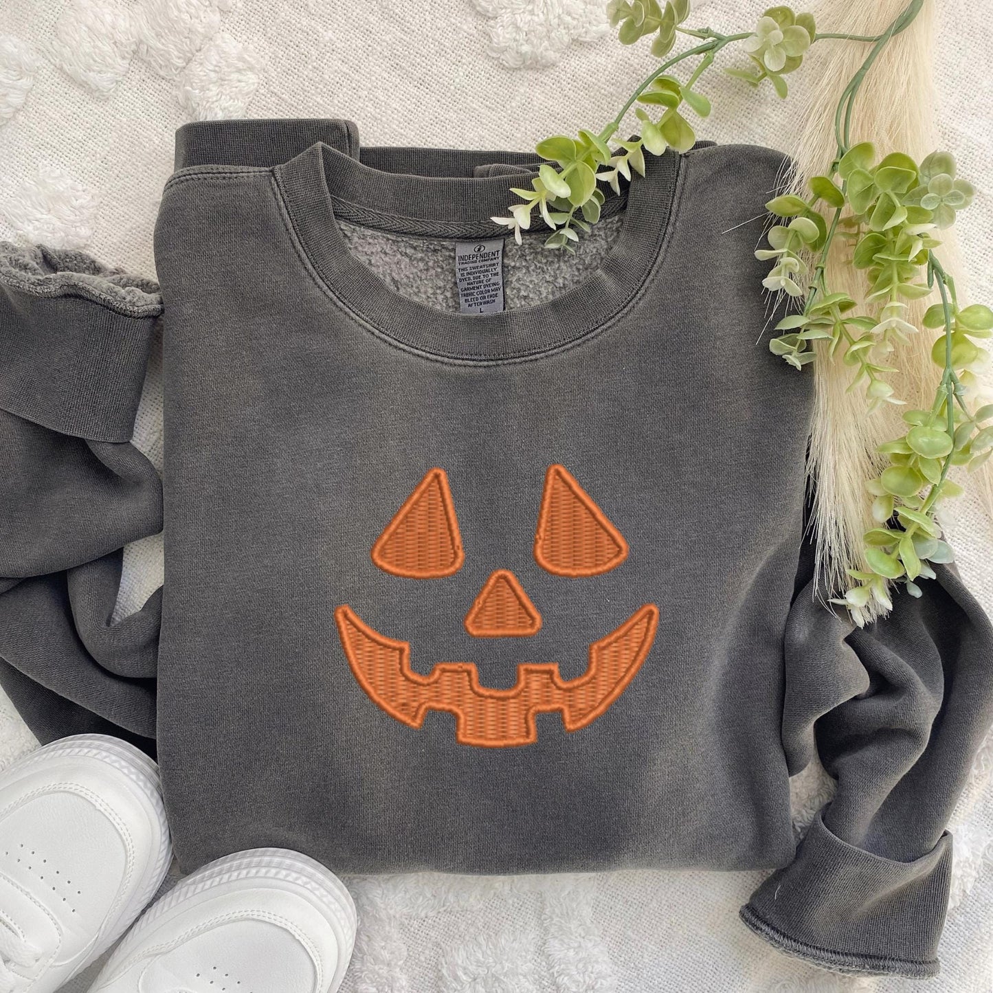 Embroidered Halloween Extra Large Pumpkin Face Sweatshirt: Tonal Jackolantern Pullover