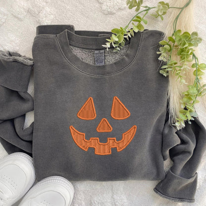 Embroidered Halloween Extra Large Pumpkin Face Sweatshirt: Tonal Jackolantern Pullover