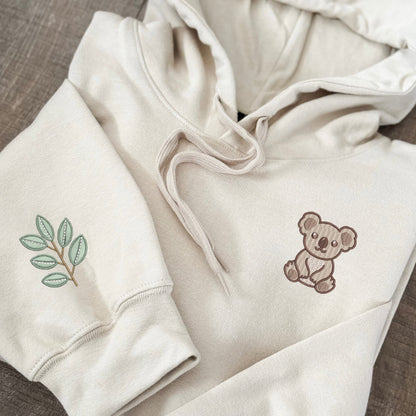 Embroidered Koala Hoodie: Eucalyptus Sleeve, Aussie Animal Lover Gift