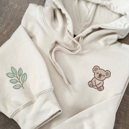 Embroidered Koala Hoodie: Eucalyptus Sleeve, Aussie Animal Lover Gift
