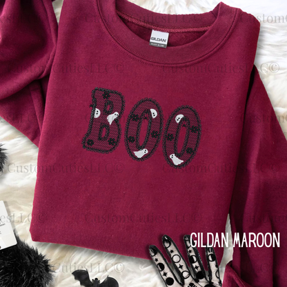 Embroidered Lacey Boo Crewneck Sweatshirt: Pigment Dyed Halloween Coquette Sweater