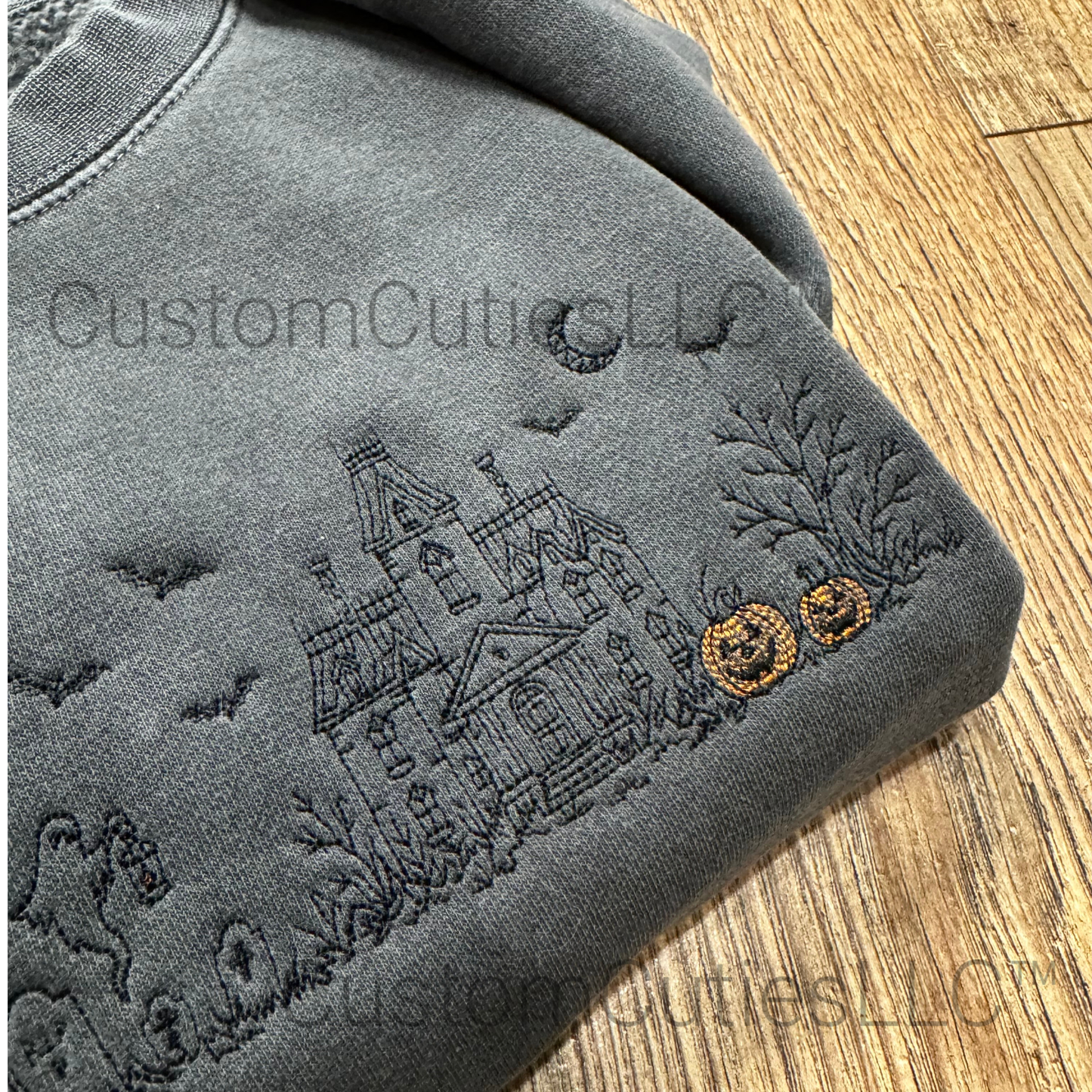 Embroidered Haunted Manor Halloween Crewneck Sweatshirt: Pigment Dyed Sketched Line Art Pullover