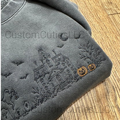 Embroidered Haunted Manor Halloween Crewneck Sweatshirt: Pigment Dyed Sketched Line Art Pullover
