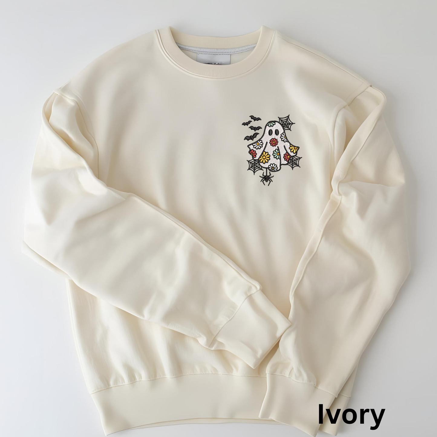 Embroidered Daisy Ghost Sweatshirt: Spooky Season Pullover