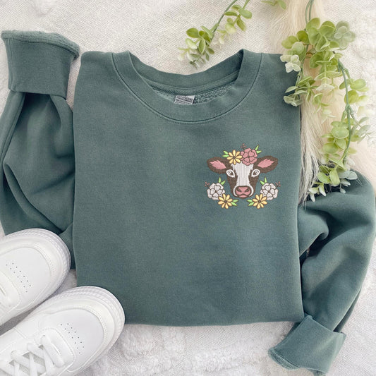 Embroidered Dairy Cow Sweatshirt: Pigment-Dyed Vintage Farmcore Crewneck