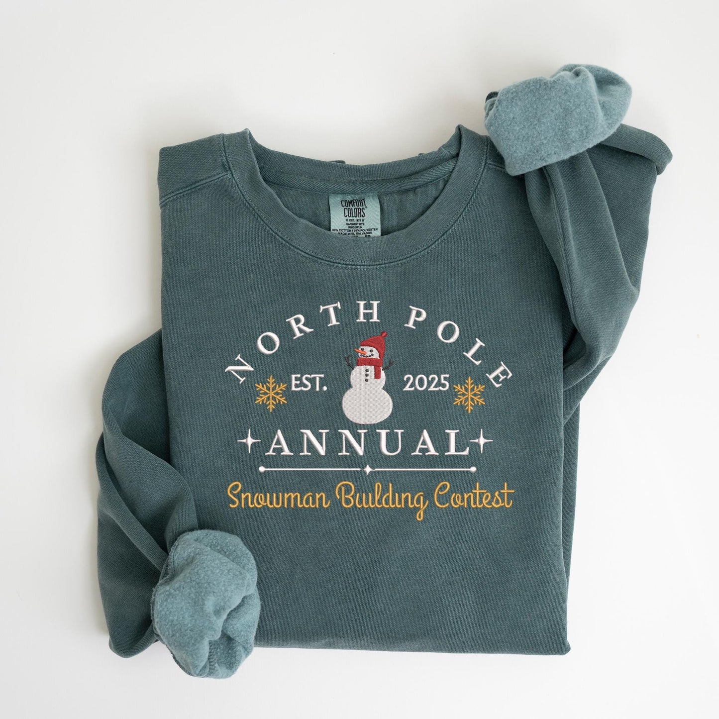 Embroidered Snowman Sweatshirt: Pigment-Dyed North Pole Contest Pullover